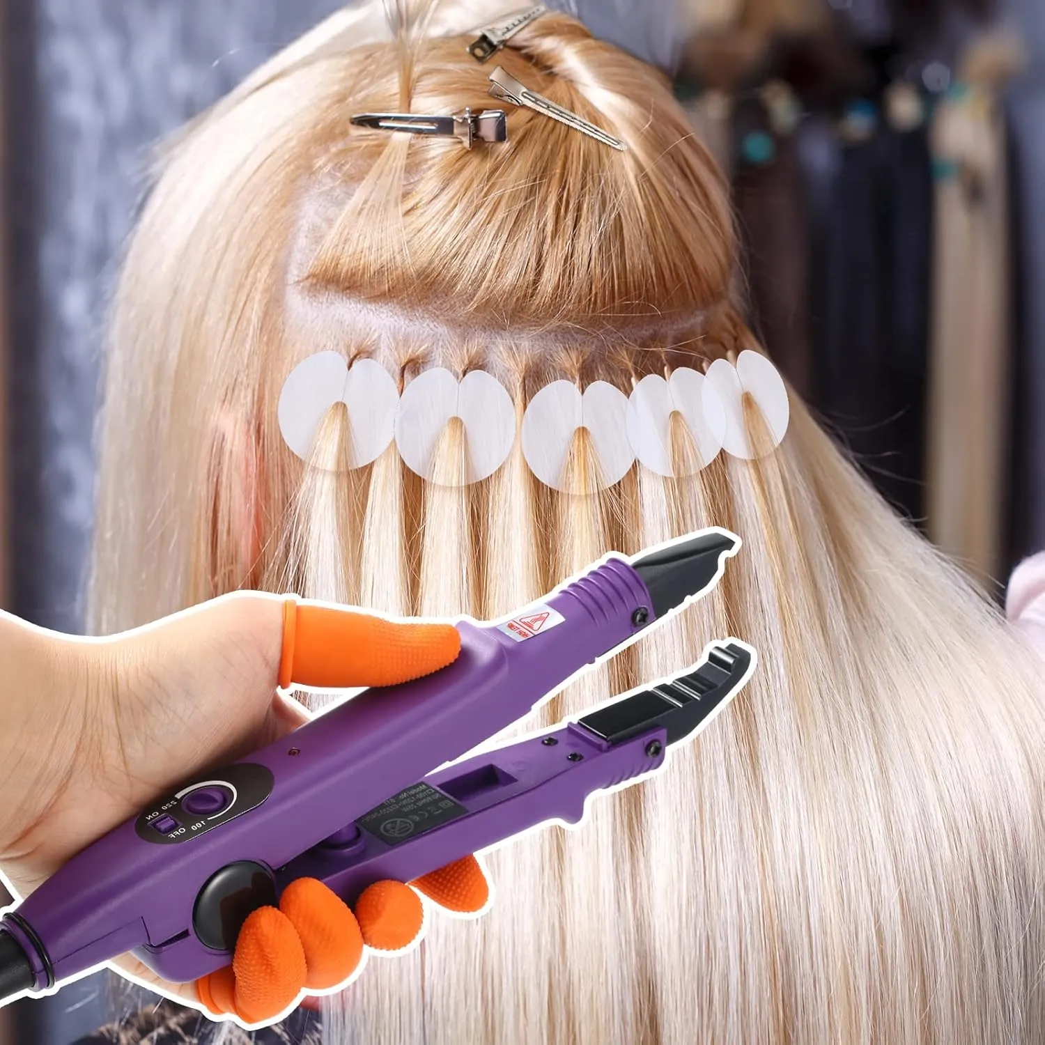 Hair Extensions Iron Fusion Keratin Heat Tool Heat Connector Wand with Fusion Glue Protector Template Hair Clip Finger Protector 2 Bag Keratin Glue Granule Bead(Purple)