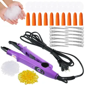 Hair Extensions Iron Fusion Keratin Heat Tool Heat Connector Wand with Fusion Glue Protector Template Hair Clip Finger Protector 2 Bag Keratin Glue Granule Bead(Purple)