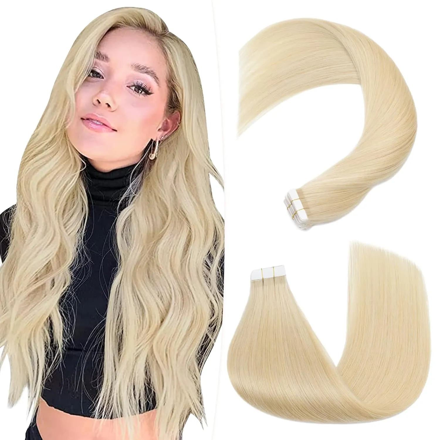 Hairro Tape In Hair Extensions Human Hair Remy Tape On Extensions Adhesive Skin Weft Tape In Hair Natural Glue in Hairpieces Full Head Blonde Remy Tape Extensions 14 inch 40g 20pcs #613 Bleach Blonde