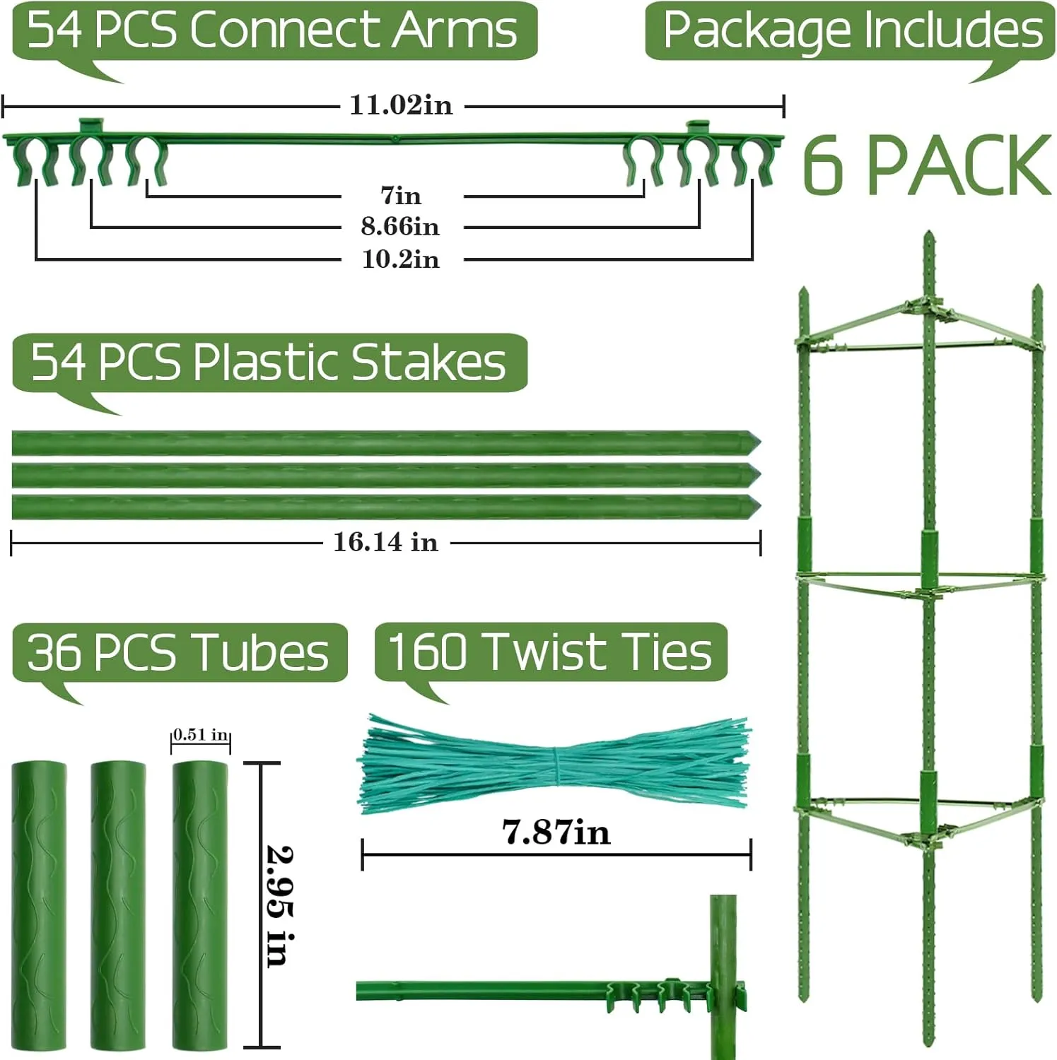 Halatool 6 Pack Tomato Cages for Garden, Up to 48in(4FT) Adjustable Tomato Cage,Garden Stakes Tomato Trellis for Pots, Green Tomato Plant Support with Snap-On Arms for Vegetables Plants(6 Buckles)