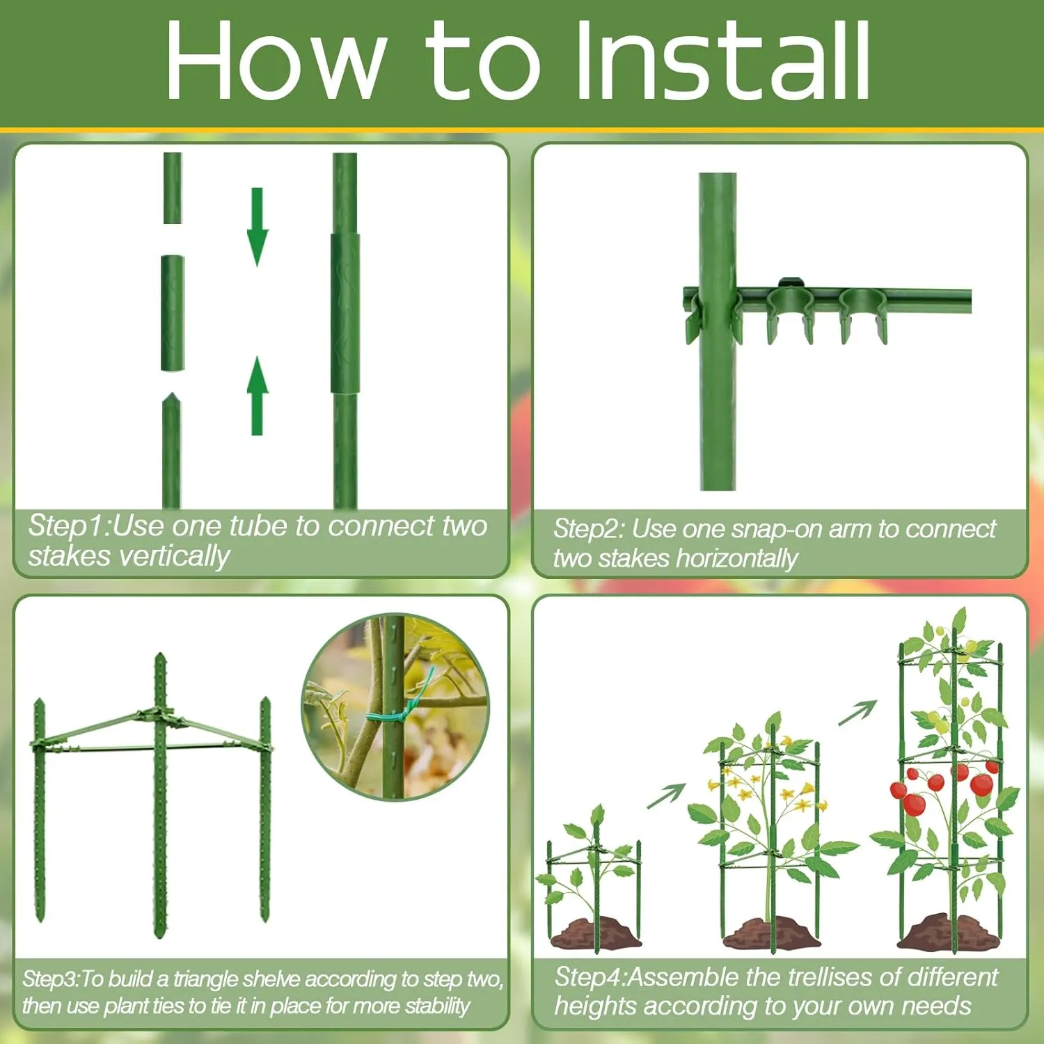 Halatool 6 Pack Tomato Cages for Garden, Up to 48in(4FT) Adjustable Tomato Cage,Garden Stakes Tomato Trellis for Pots, Green Tomato Plant Support with Snap-On Arms for Vegetables Plants(6 Buckles)