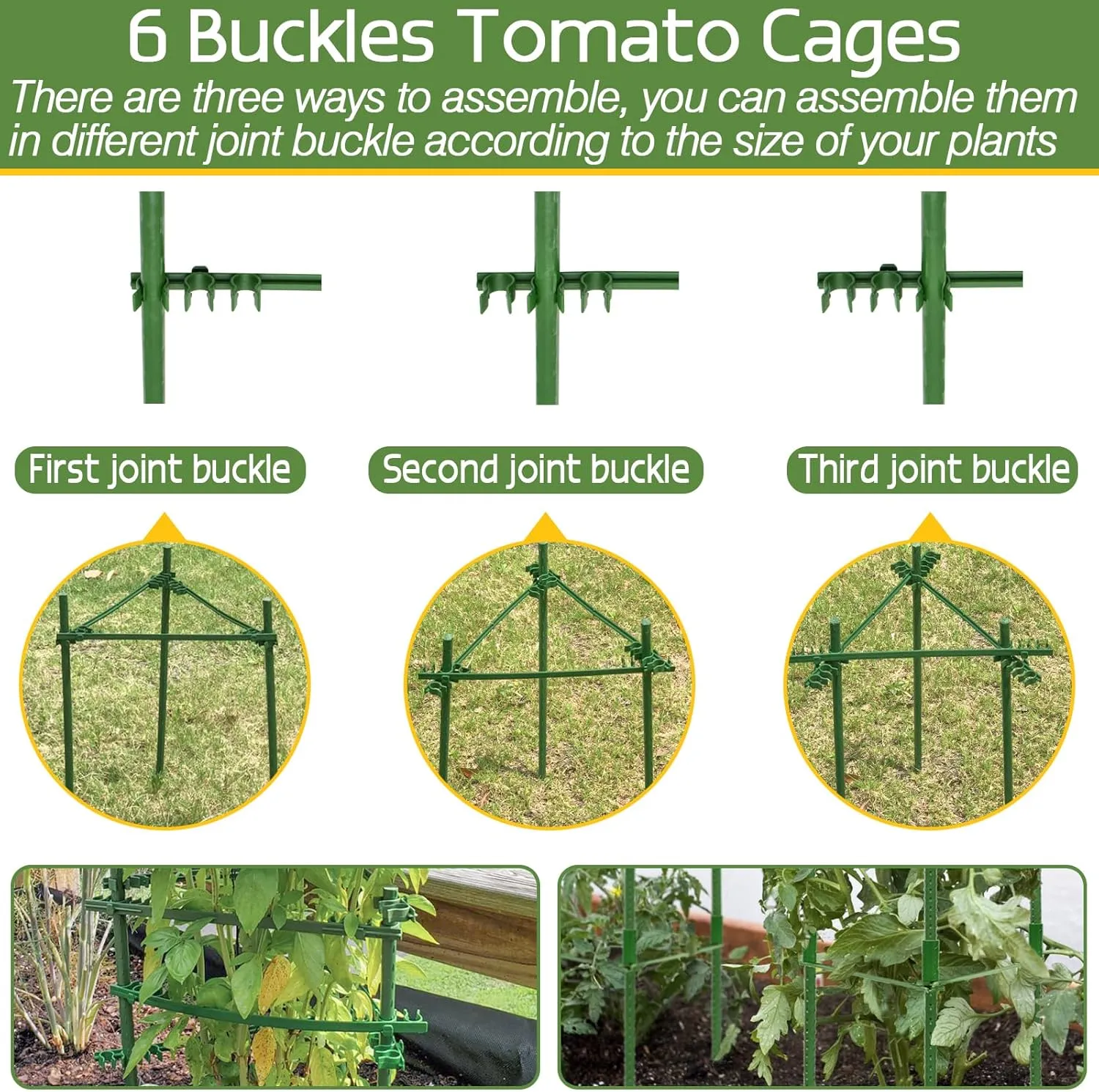 Halatool 6 Pack Tomato Cages for Garden, Up to 48in(4FT) Adjustable Tomato Cage,Garden Stakes Tomato Trellis for Pots, Green Tomato Plant Support with Snap-On Arms for Vegetables Plants(6 Buckles)