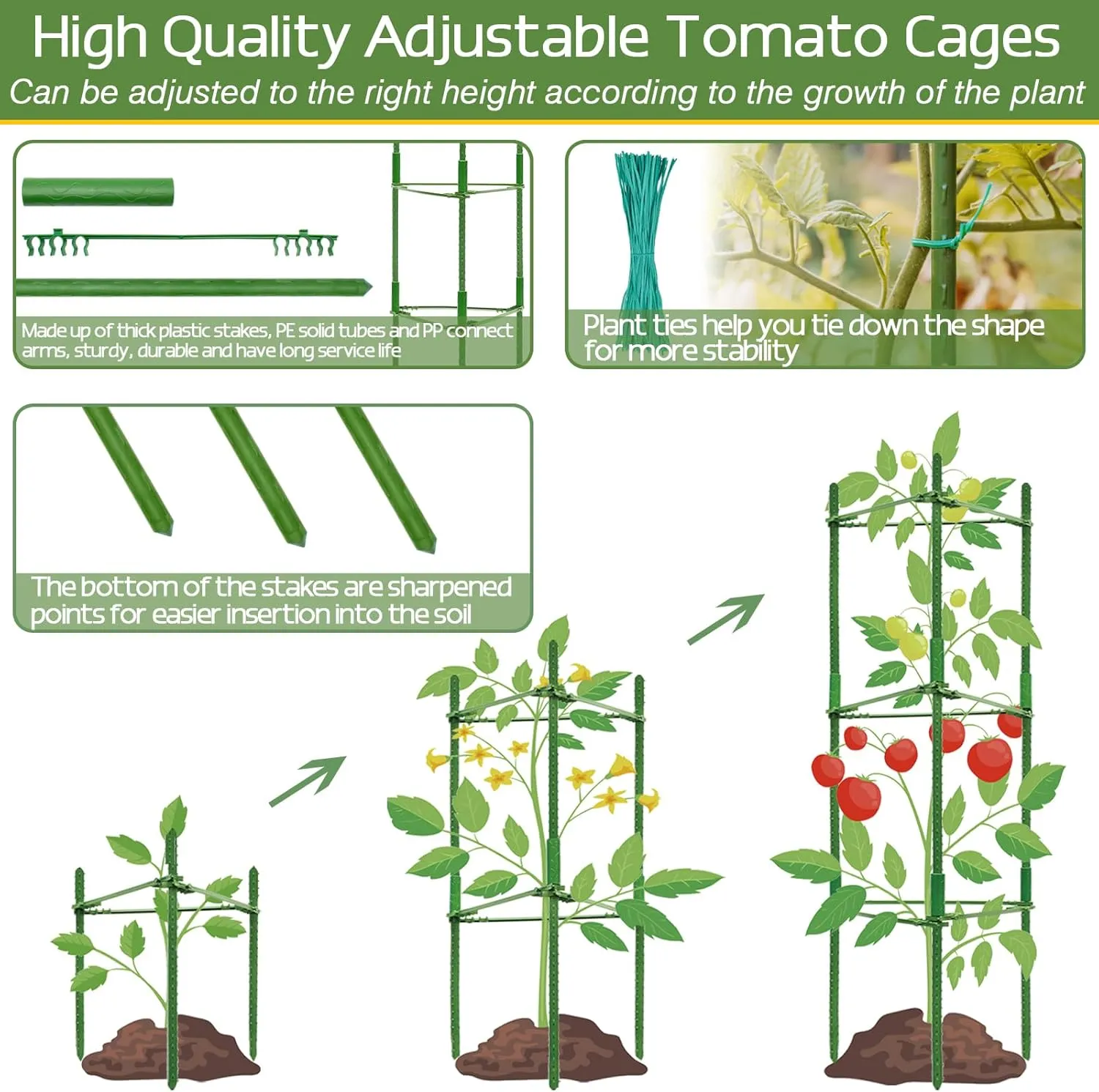 Halatool 6 Pack Tomato Cages for Garden, Up to 48in(4FT) Adjustable Tomato Cage,Garden Stakes Tomato Trellis for Pots, Green Tomato Plant Support with Snap-On Arms for Vegetables Plants(6 Buckles)