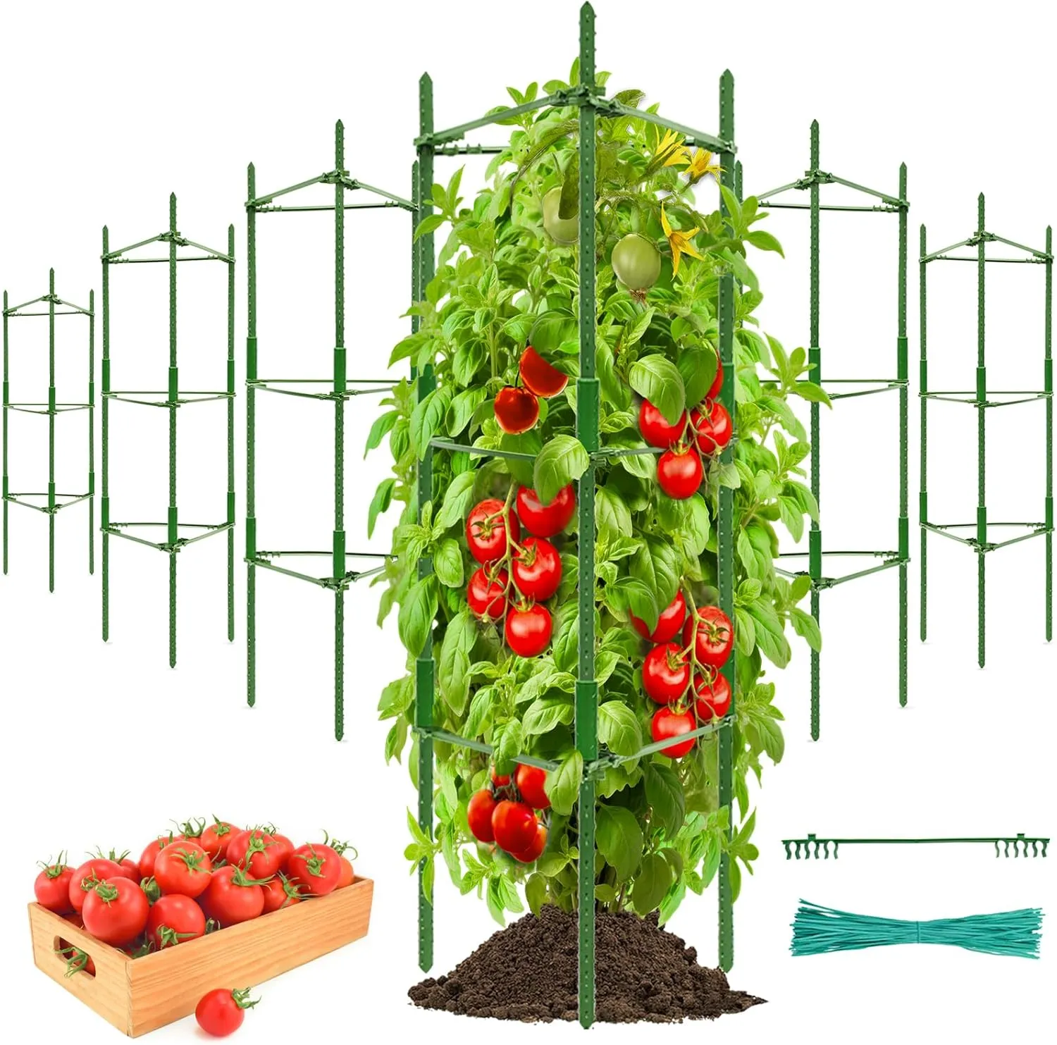 Halatool 6 Pack Tomato Cages for Garden, Up to 48in(4FT) Adjustable Tomato Cage,Garden Stakes Tomato Trellis for Pots, Green Tomato Plant Support with Snap-On Arms for Vegetables Plants(6 Buckles)