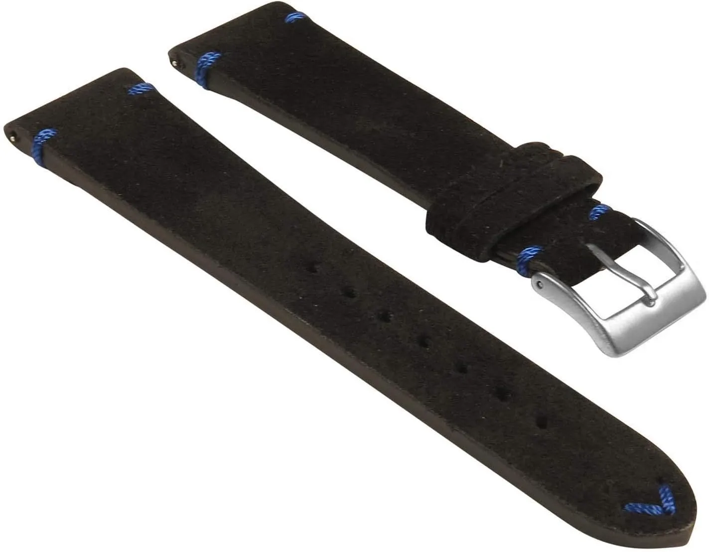 Hand-Stitched Suede Leather Quick Release Watch Band Strap - Black & Blue - 22mm - Long Length