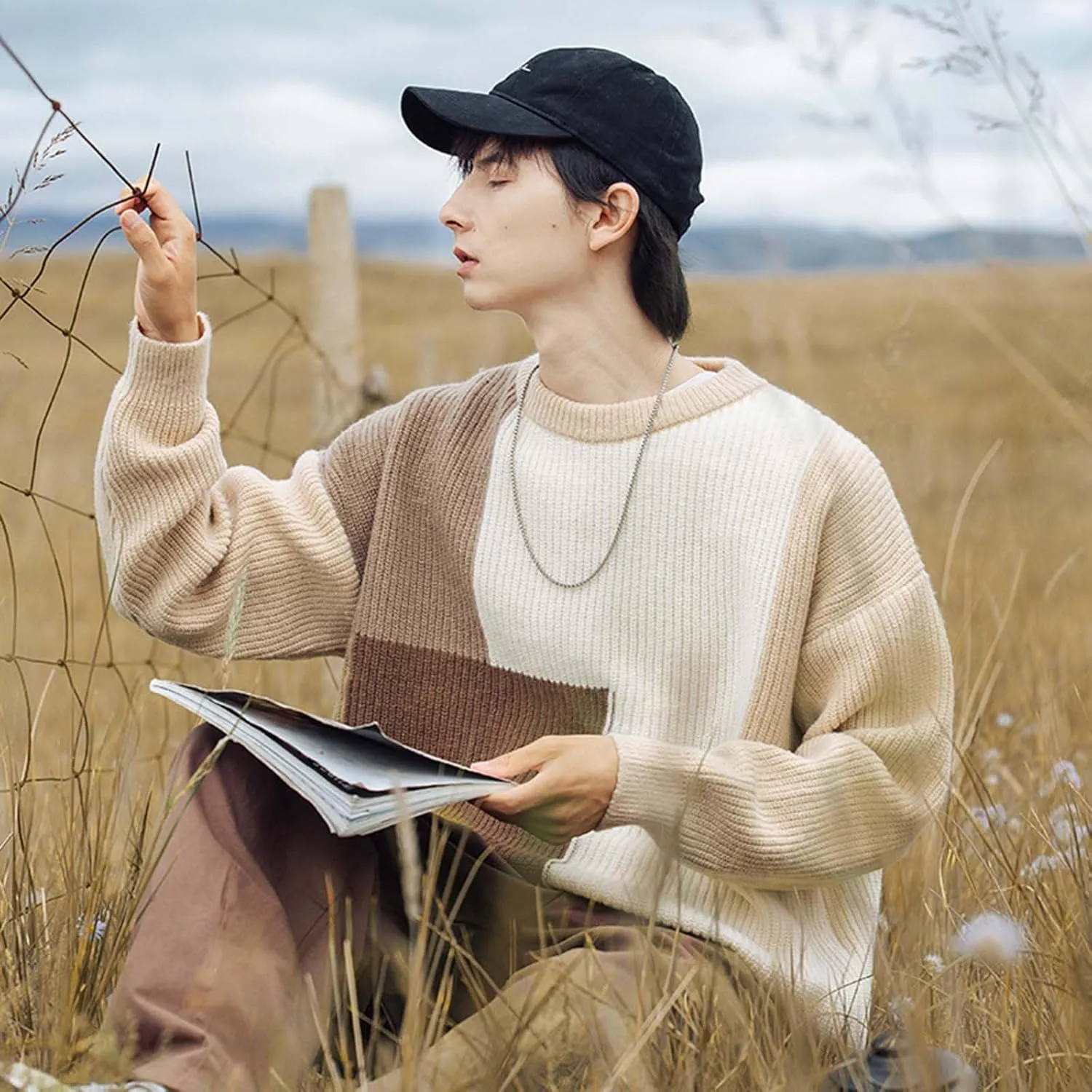 Harajuku Men's Knit Sweater Y2k Color Block Patchwork Pullover Sweater Hip Hop Coogi Loose Round Neck Knit Sweater