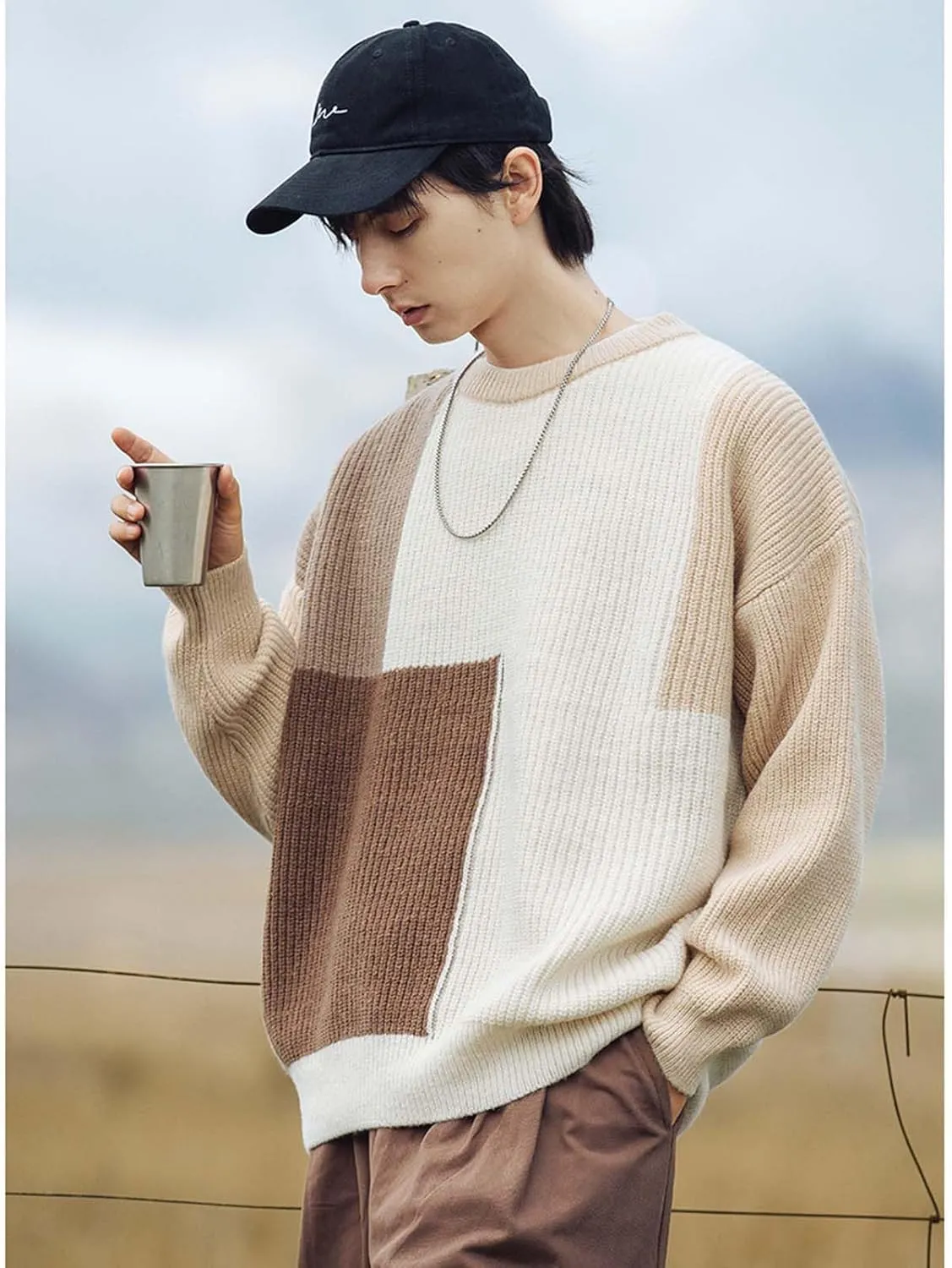 Harajuku Men's Knit Sweater Y2k Color Block Patchwork Pullover Sweater Hip Hop Coogi Loose Round Neck Knit Sweater
