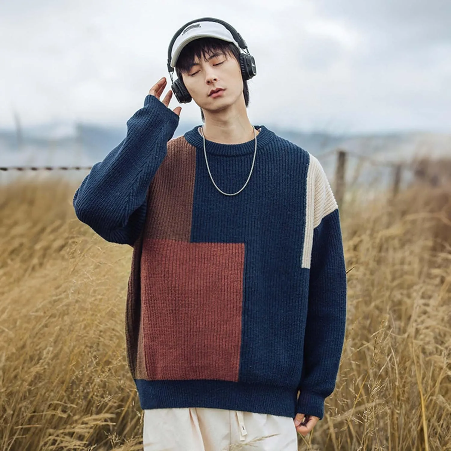 Harajuku Men's Knit Sweater Y2k Color Block Patchwork Pullover Sweater Hip Hop Coogi Loose Round Neck Knit Sweater