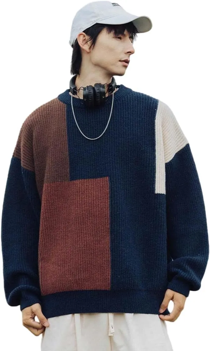 Harajuku Men's Knit Sweater Y2k Color Block Patchwork Pullover Sweater Hip Hop Coogi Loose Round Neck Knit Sweater