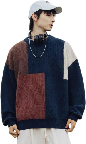Harajuku Men's Knit Sweater Y2k Color Block Patchwork Pullover Sweater Hip Hop Coogi Loose Round Neck Knit Sweater