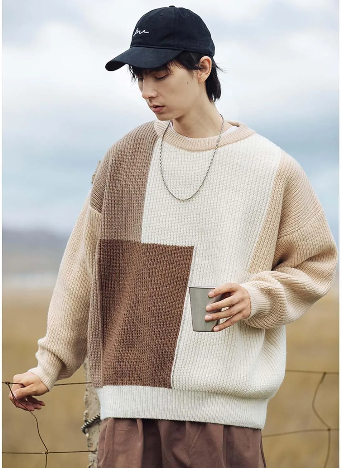 Harajuku Men's Knit Sweater Y2k Color Block Patchwork Pullover Sweater Hip Hop Coogi Loose Round Neck Knit Sweater
