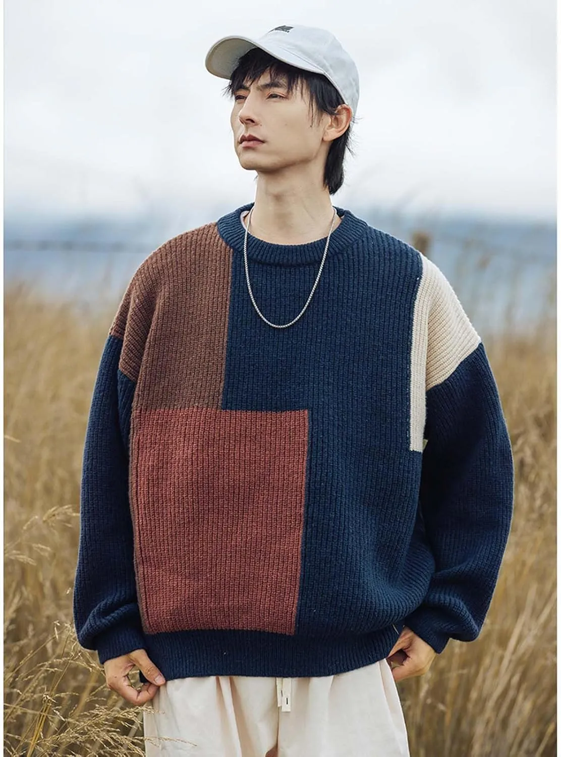 Harajuku Men's Knit Sweater Y2k Color Block Patchwork Pullover Sweater Hip Hop Coogi Loose Round Neck Knit Sweater