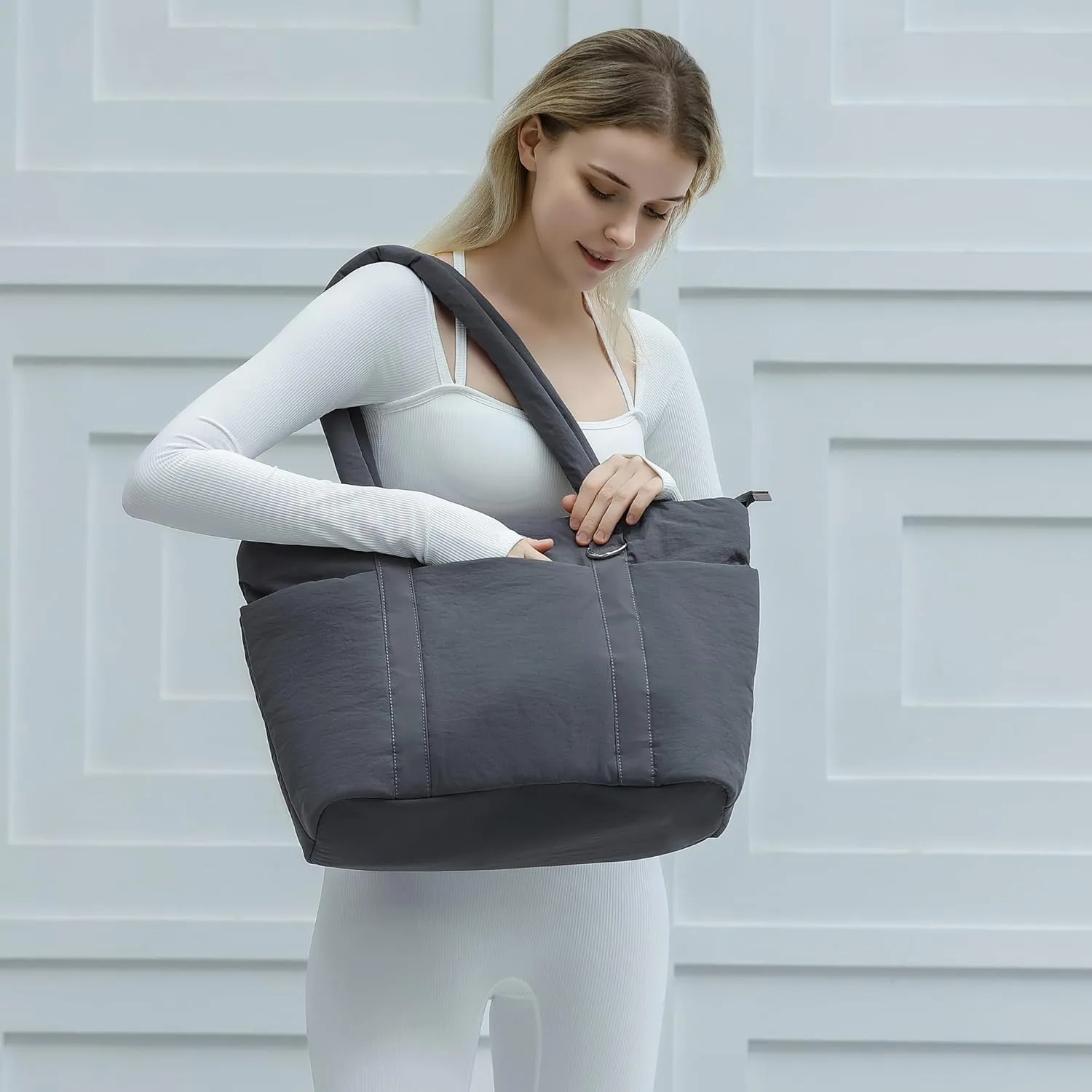 Herald Multi Pocket Tote Bag for Women, Large Puffy Shoulder Purse Handbag with Laptop Compartments for Travel,Work,GYM