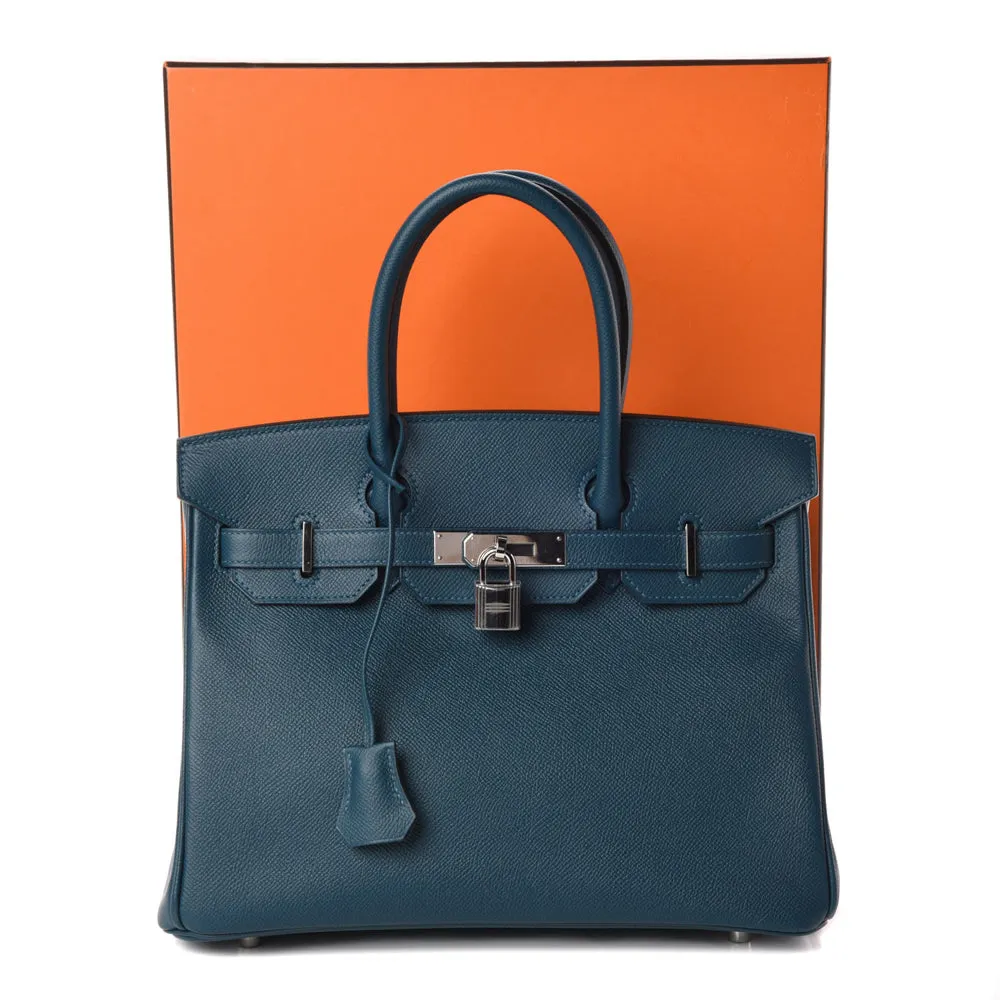 Hermes Bleu De Malte Epsom Leather Palladium Plated Birkin 30 Bag