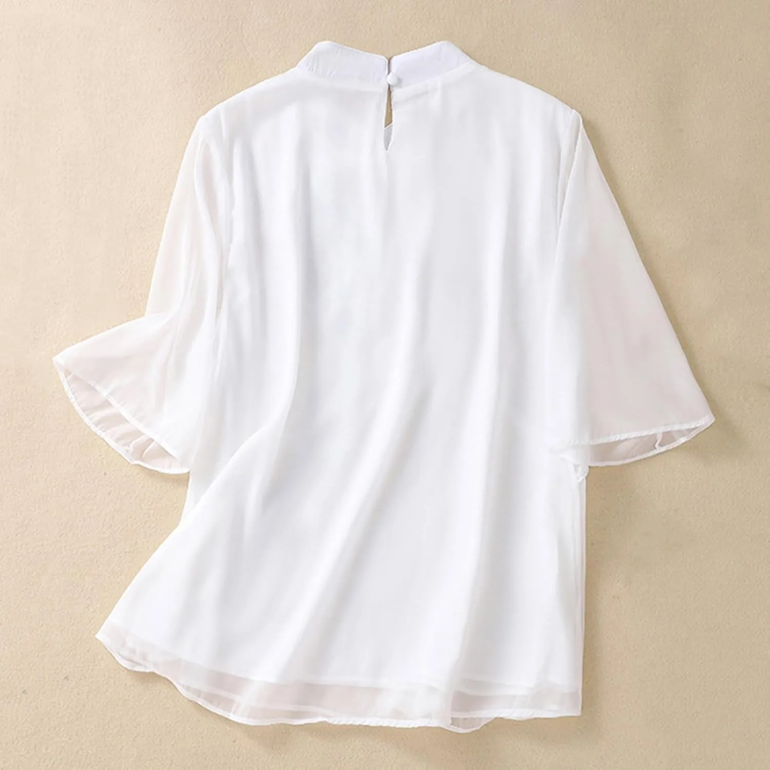HGps8w Cotton Linen Embroidery Floral Tops for Women Retro Chinese Frog Button Blouse Loose Stand Collar 3/4 Sleeve Shirts