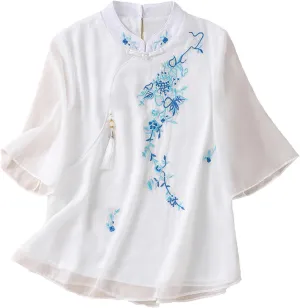 HGps8w Cotton Linen Embroidery Floral Tops for Women Retro Chinese Frog Button Blouse Loose Stand Collar 3/4 Sleeve Shirts