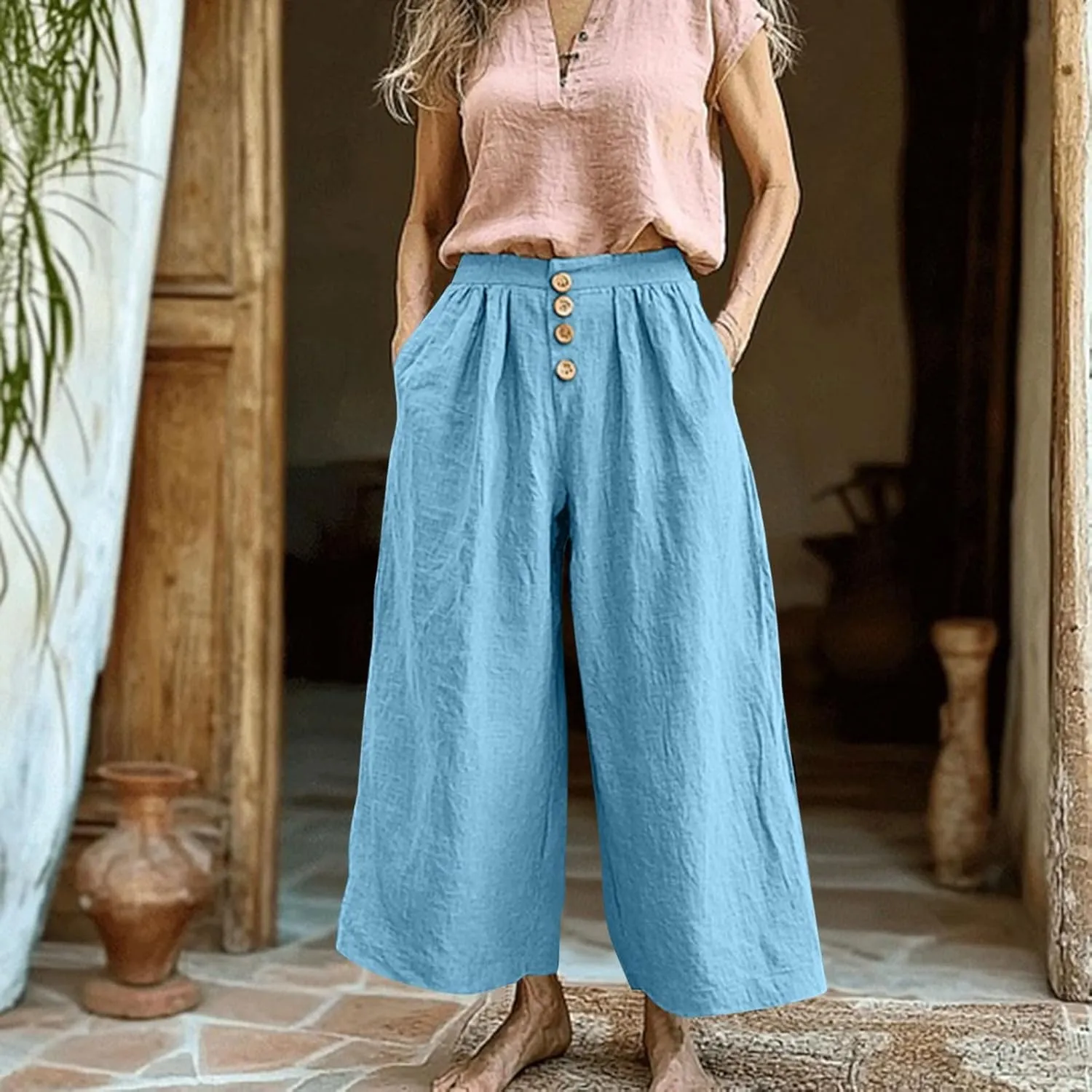 HGps8w Women's Cotton Linen Cropped Palazzo Pants Trendy Wide Leg Summer Loose High Waisted Lounge Trousers with Pockets
