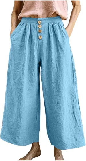HGps8w Women's Cotton Linen Cropped Palazzo Pants Trendy Wide Leg Summer Loose High Waisted Lounge Trousers with Pockets