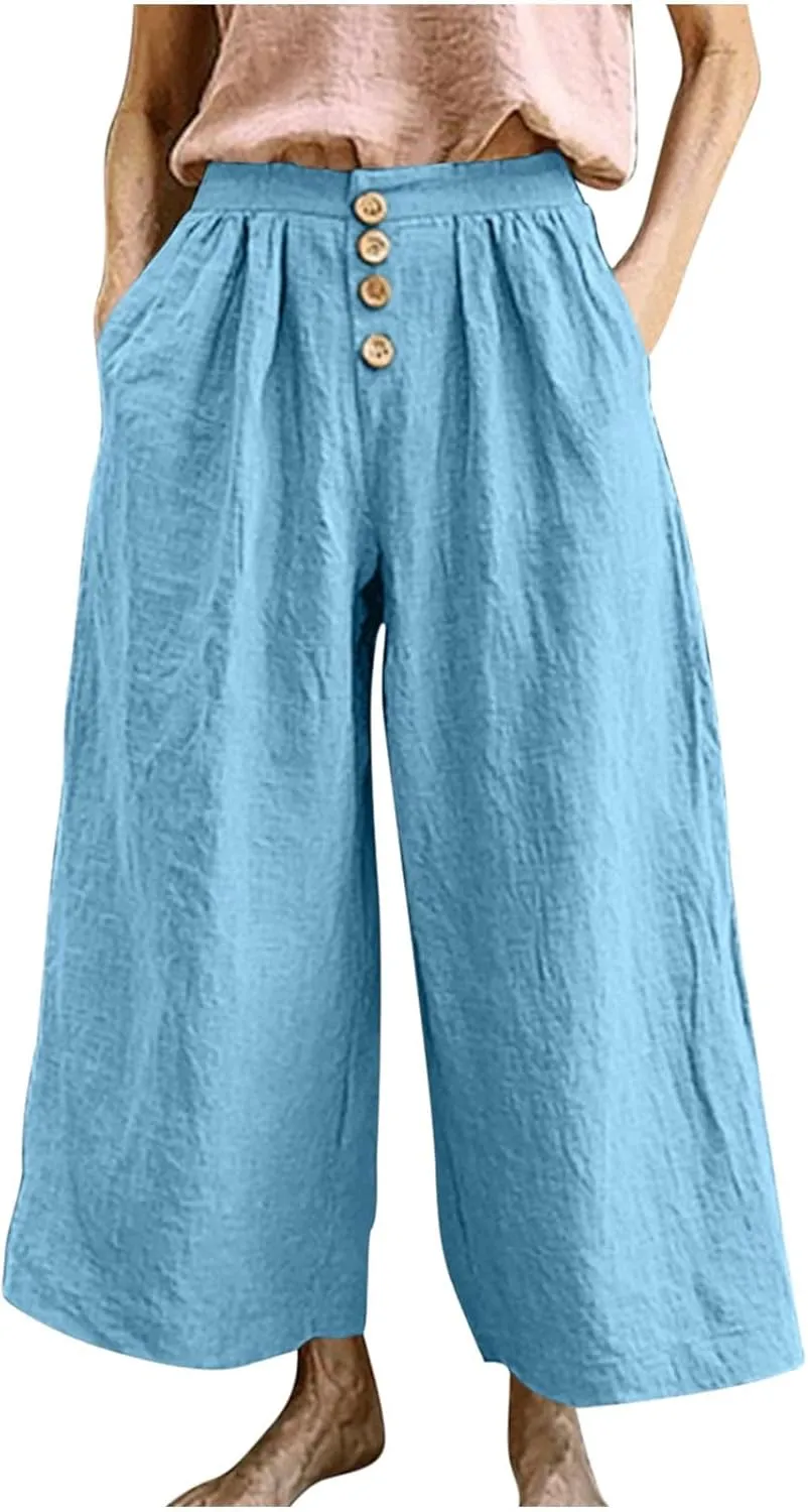 HGps8w Women's Cotton Linen Cropped Palazzo Pants Trendy Wide Leg Summer Loose High Waisted Lounge Trousers with Pockets