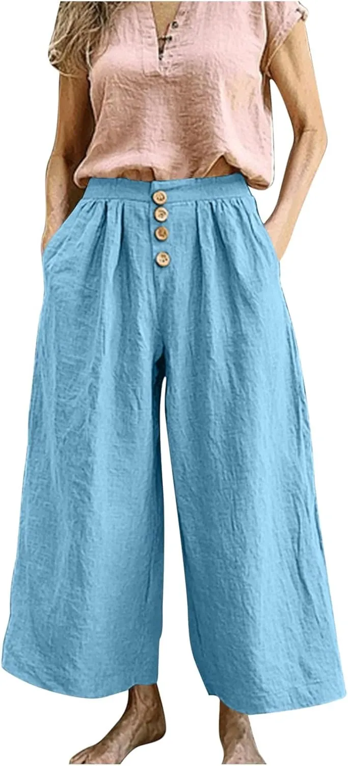 HGps8w Women's Cotton Linen Cropped Palazzo Pants Trendy Wide Leg Summer Loose High Waisted Lounge Trousers with Pockets