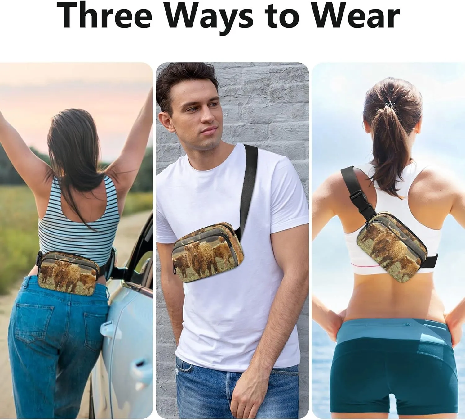Highland Cow Cattle Fanny Pack Crossbody Bags for Women Men, Pasture Animal Unisex Belt Bag with Adjustable Strap, Waterproof Fashionable Waist Packs for Travel Hiking Running Cycling