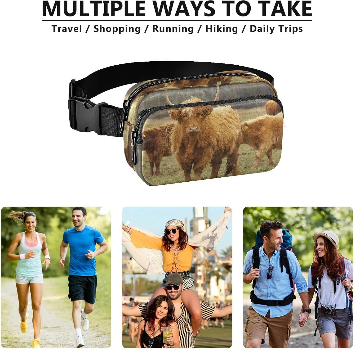 Highland Cow Cattle Fanny Pack Crossbody Bags for Women Men, Pasture Animal Unisex Belt Bag with Adjustable Strap, Waterproof Fashionable Waist Packs for Travel Hiking Running Cycling