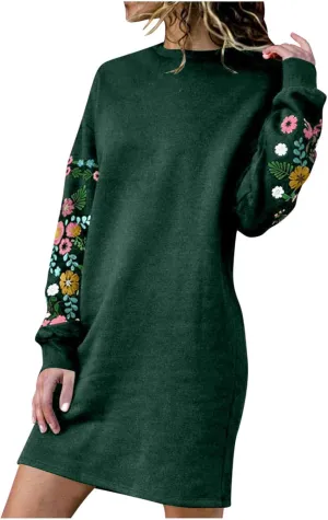 Holiday Party Dresses for Women 2024 Winter Fall Long Sleeve Crewneck Sweatshirt Dress Casual Aztec Ethnic Mini Dress