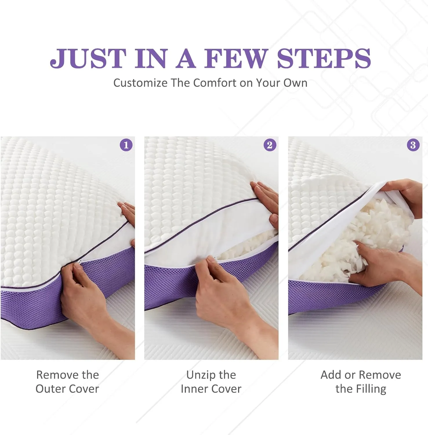 HOMELAB Adjustable Shredded Memory Foam Pillows Queen Size, Cooling Bed Pillows for Sleeping with Removable Cover, Medium Pillows for Side Stomach & Back Sleepers, 2 Packs 20"x28"
