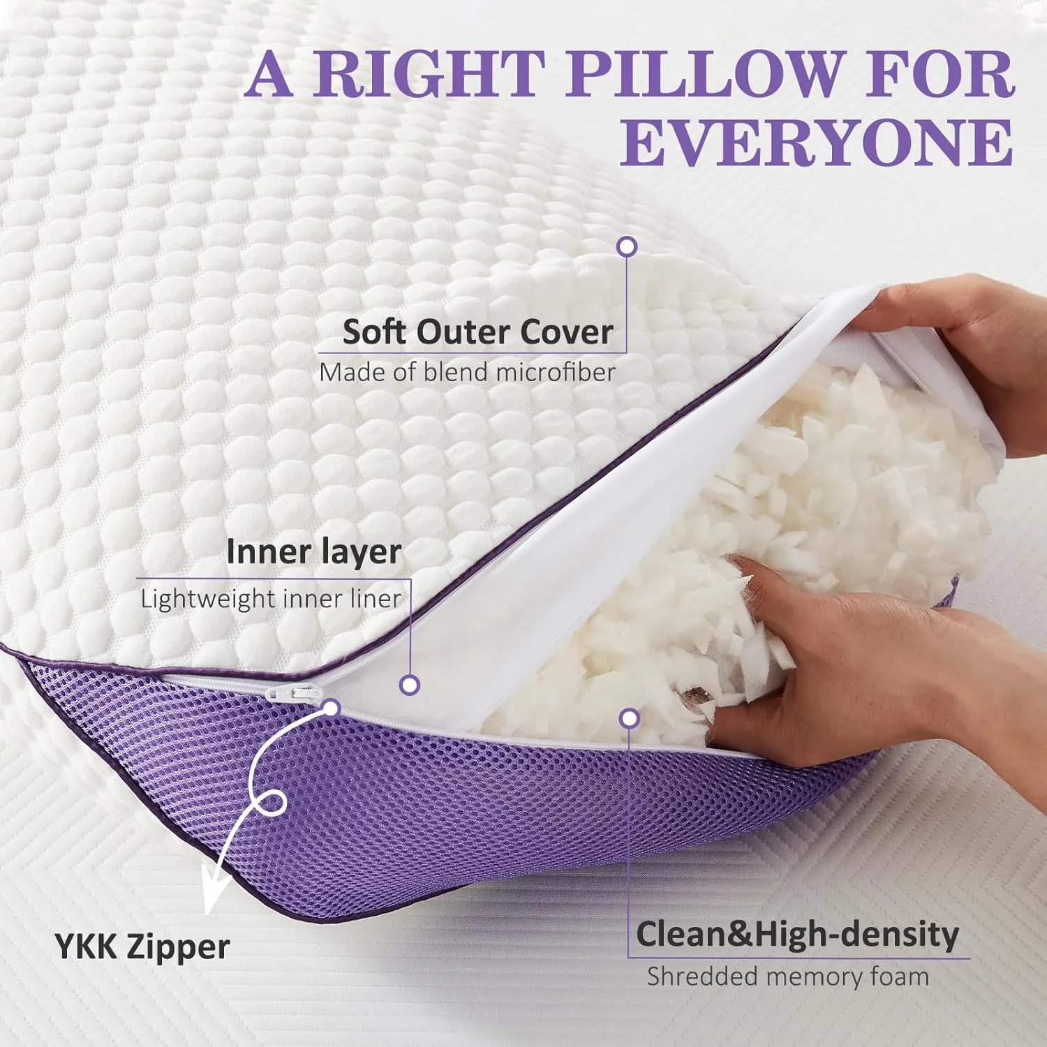 HOMELAB Adjustable Shredded Memory Foam Pillows Queen Size, Cooling Bed Pillows for Sleeping with Removable Cover, Medium Pillows for Side Stomach & Back Sleepers, 2 Packs 20"x28"