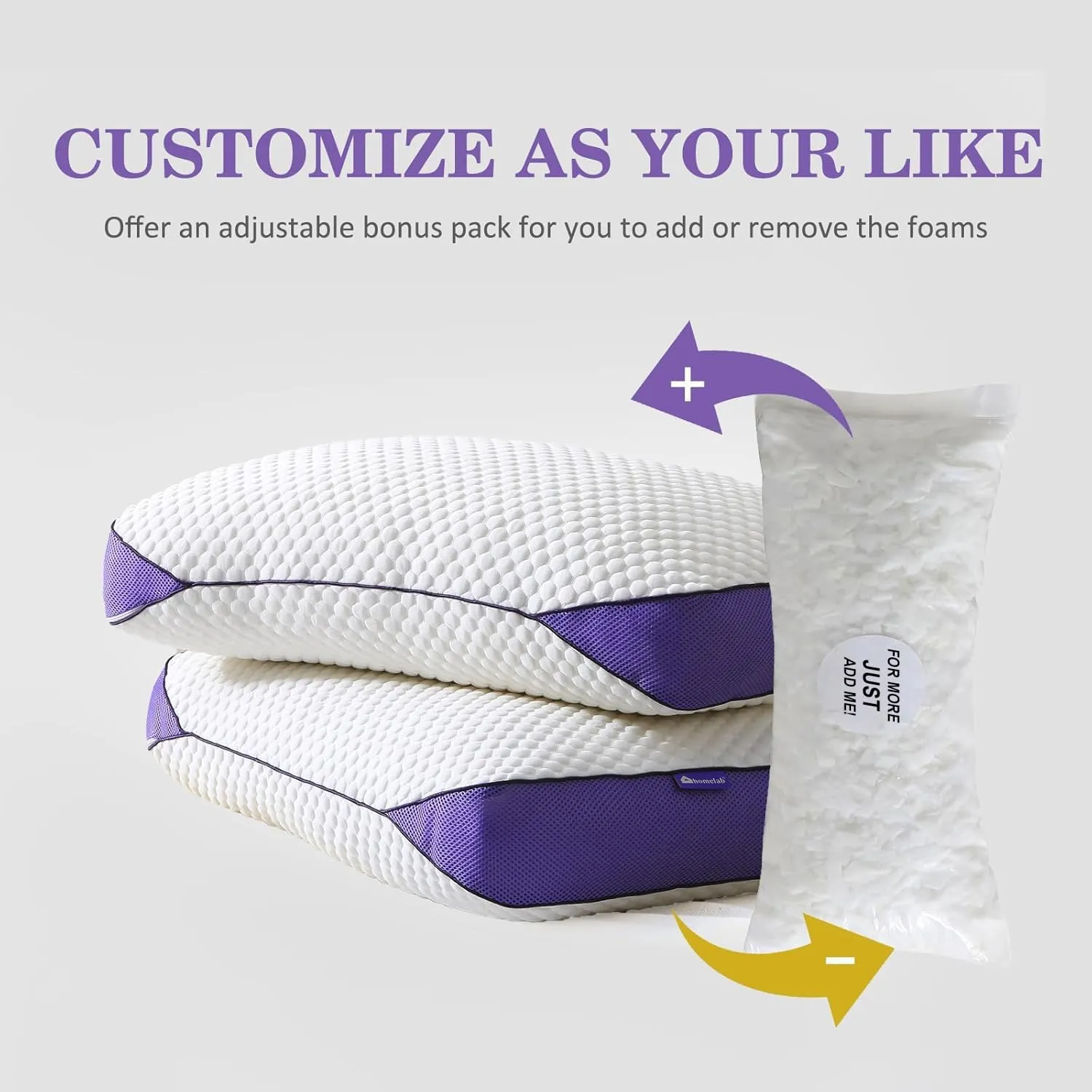 HOMELAB Adjustable Shredded Memory Foam Pillows Queen Size, Cooling Bed Pillows for Sleeping with Removable Cover, Medium Pillows for Side Stomach & Back Sleepers, 2 Packs 20"x28"