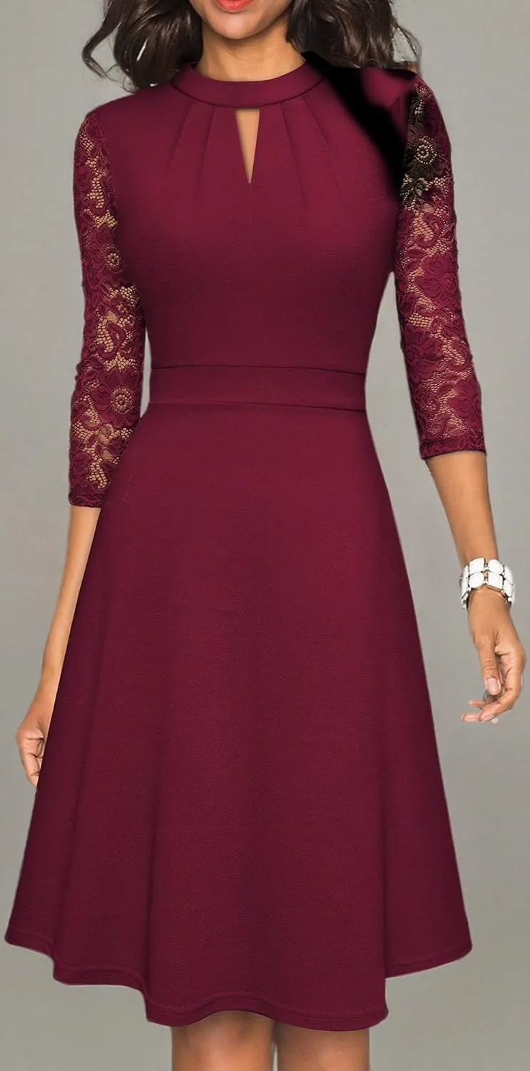 HOMEYEE Women's Round Neck Hollow Out Lace Patchwork Retro Party Dresses A234