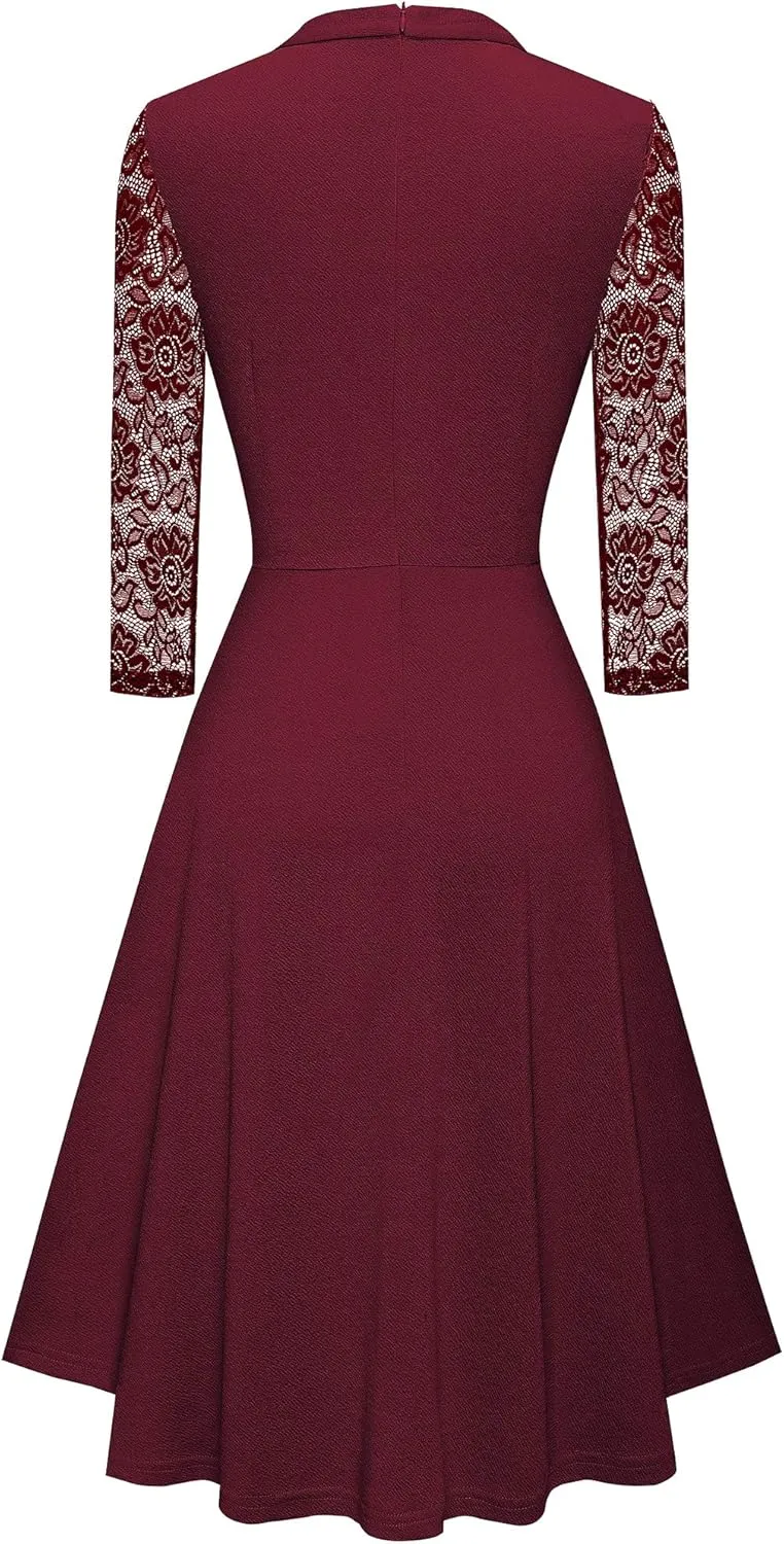 HOMEYEE Women's Round Neck Hollow Out Lace Patchwork Retro Party Dresses A234