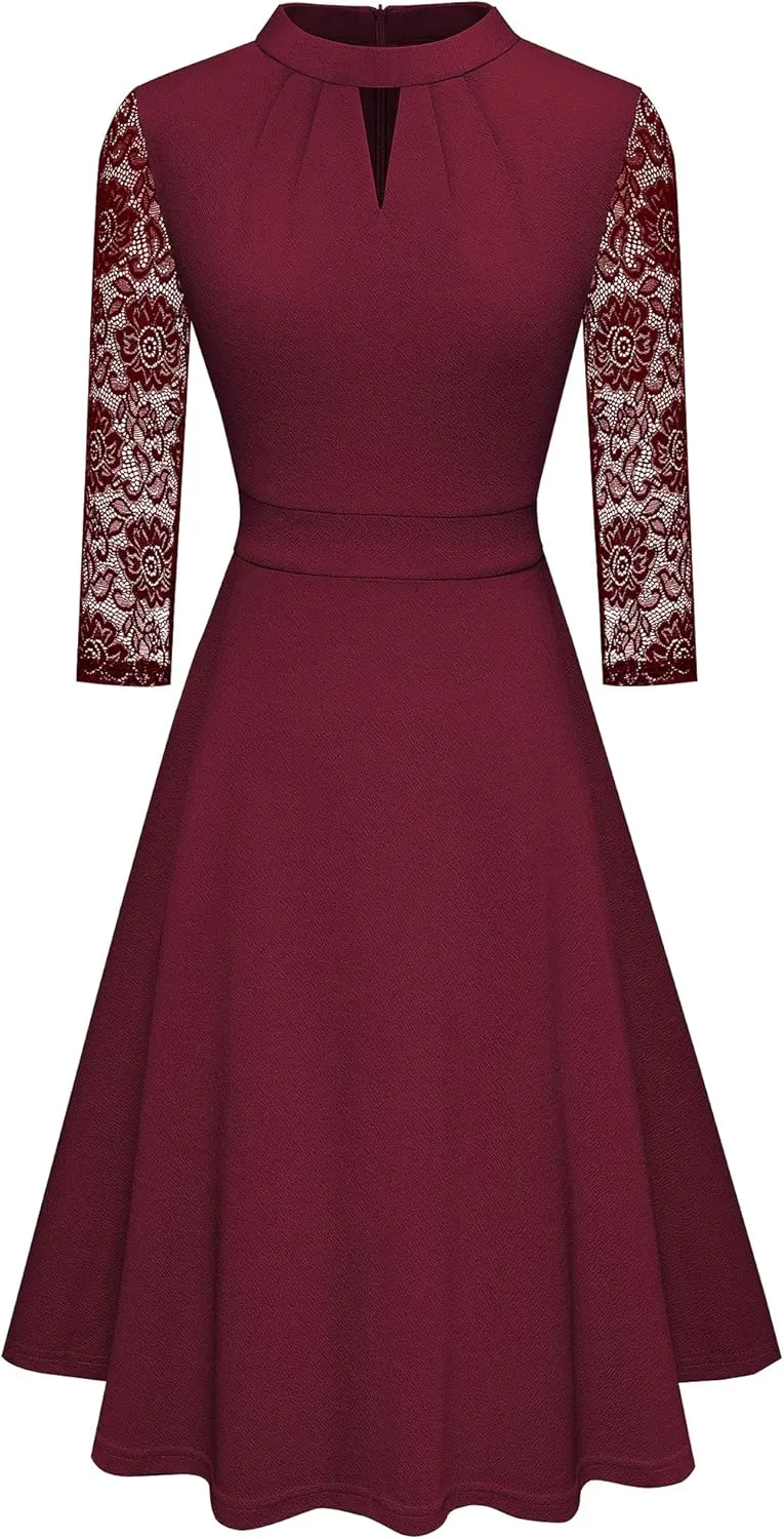 HOMEYEE Women's Round Neck Hollow Out Lace Patchwork Retro Party Dresses A234