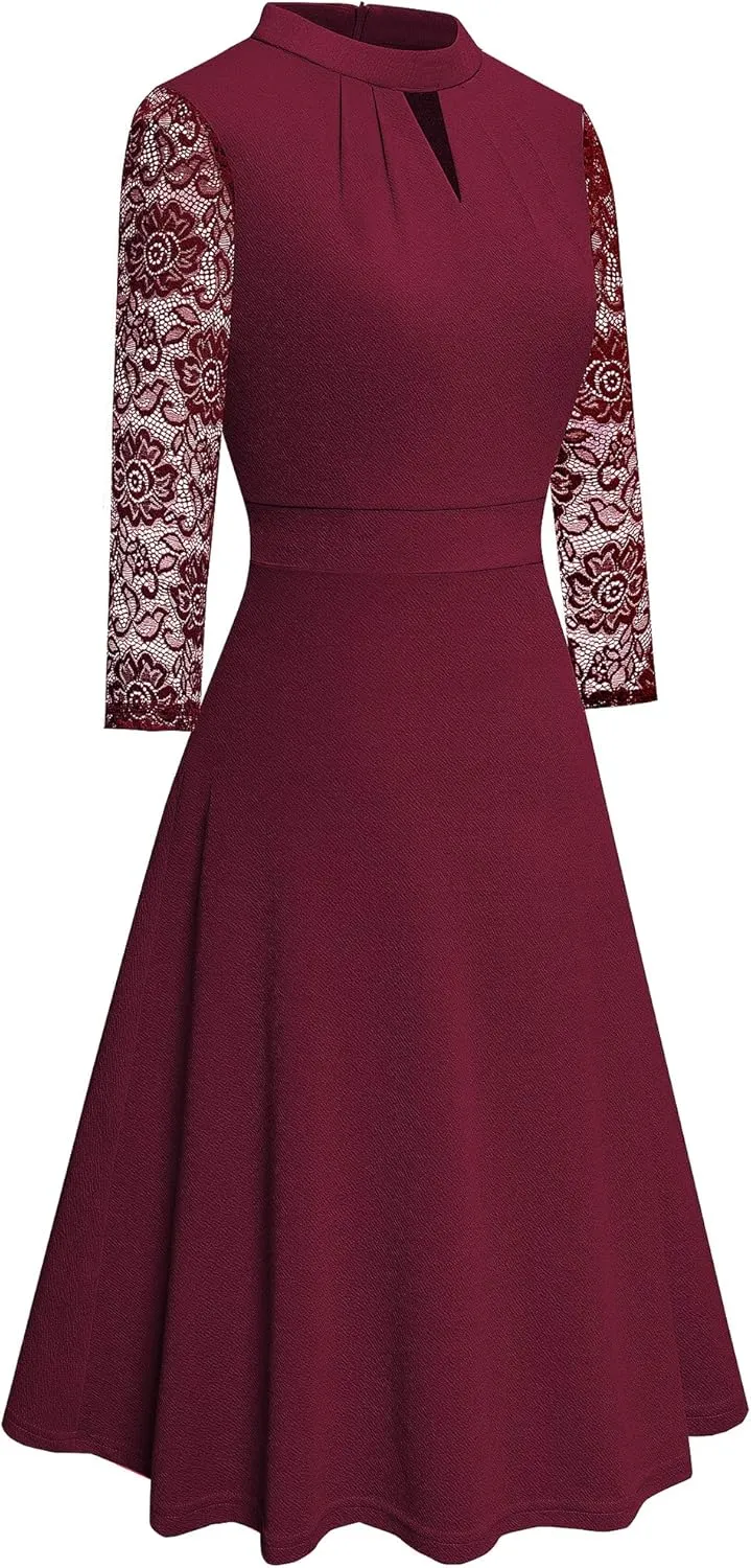 HOMEYEE Women's Round Neck Hollow Out Lace Patchwork Retro Party Dresses A234