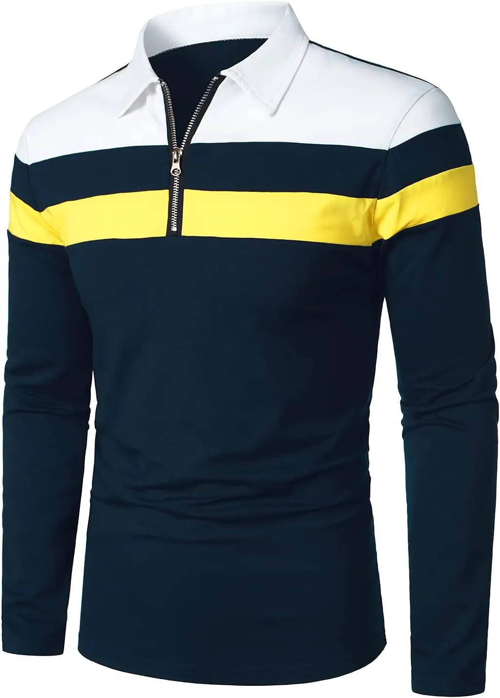 HOOD CREW Men’s Long Sleeve Polo Shirt Casual Slim Fit Shirts Contrast Color Patchwork T Shirts Cotton Tops