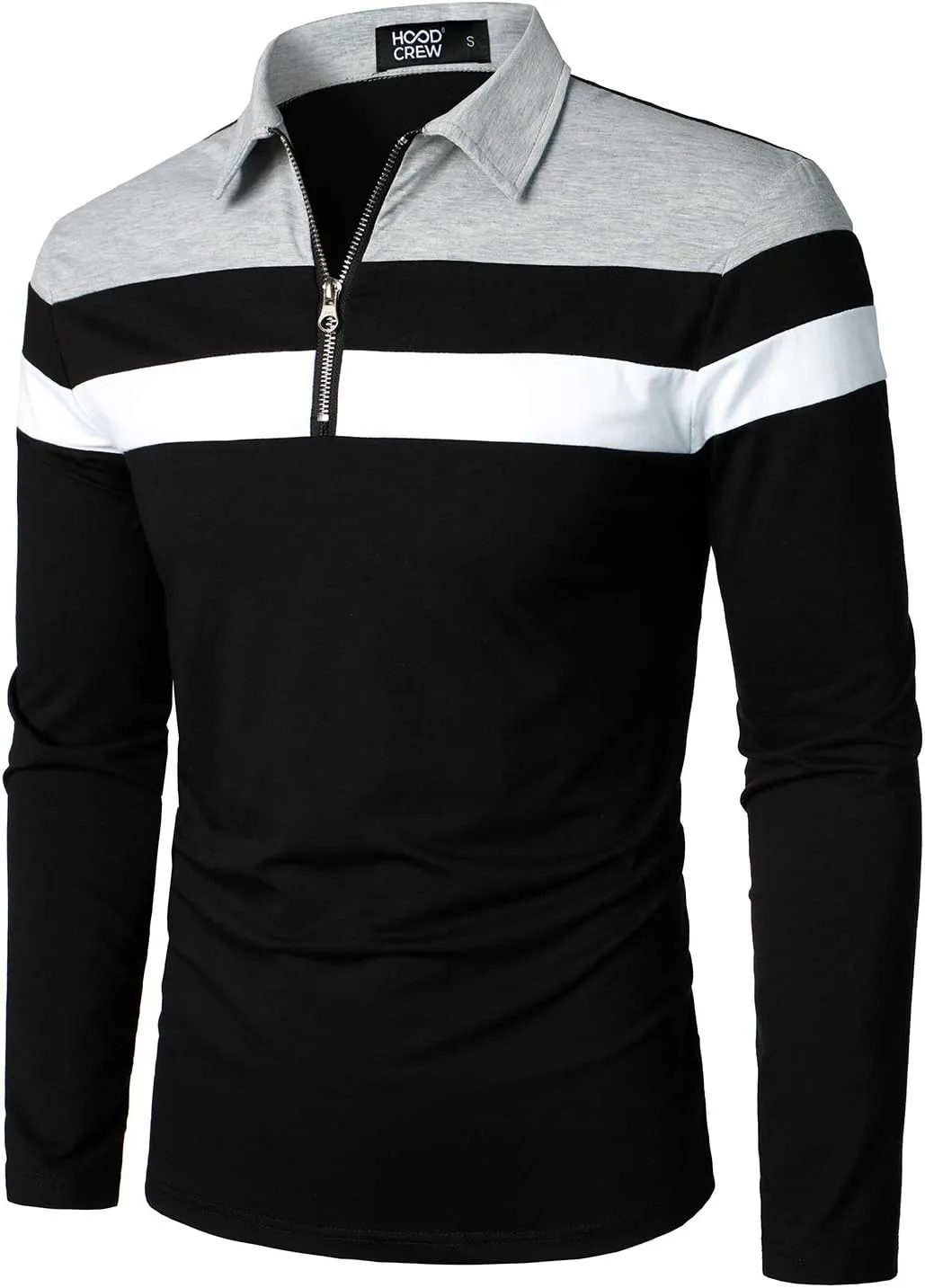 HOOD CREW Men’s Long Sleeve Polo Shirt Casual Slim Fit Shirts Contrast Color Patchwork T Shirts Cotton Tops