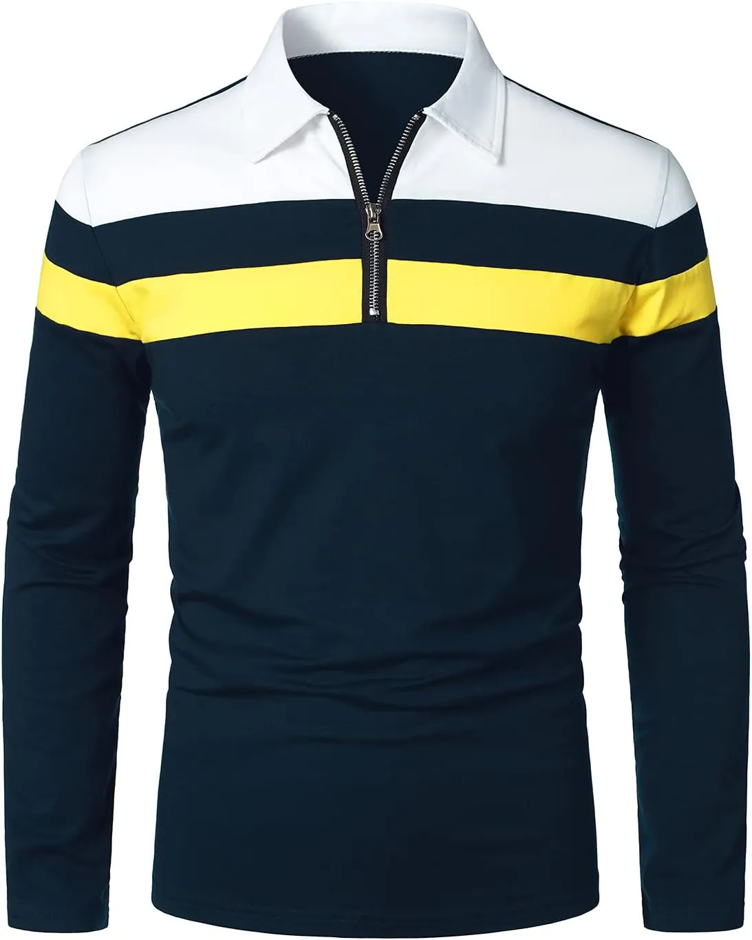 HOOD CREW Men’s Long Sleeve Polo Shirt Casual Slim Fit Shirts Contrast Color Patchwork T Shirts Cotton Tops