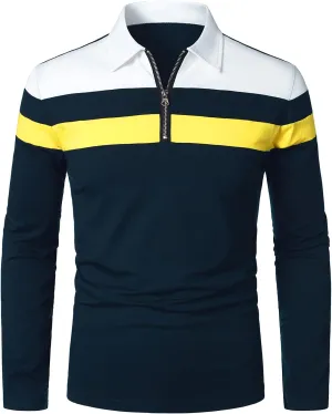 HOOD CREW Men’s Long Sleeve Polo Shirt Casual Slim Fit Shirts Contrast Color Patchwork T Shirts Cotton Tops