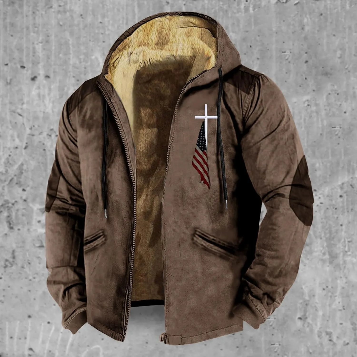 Hoodies for Men Fall Winter Jackets USA Flag Graphic Printed Big&Tall Plus Size Loose Sweatshirts with Elbow Patch
