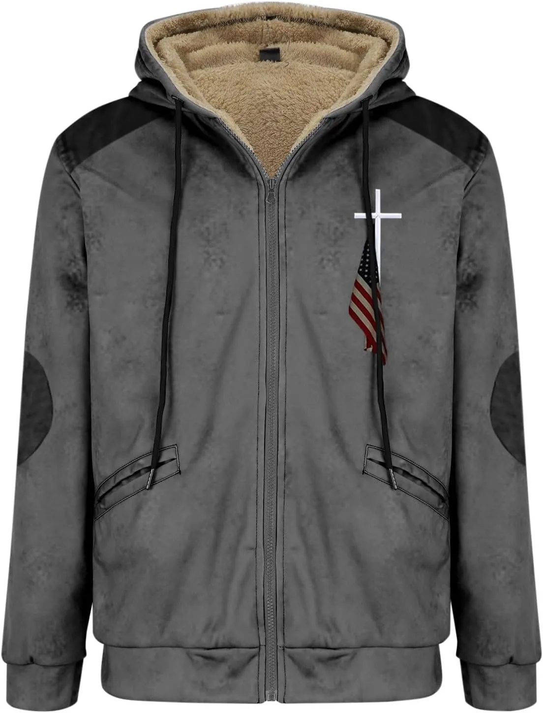Hoodies for Men Fall Winter Jackets USA Flag Graphic Printed Big&Tall Plus Size Loose Sweatshirts with Elbow Patch