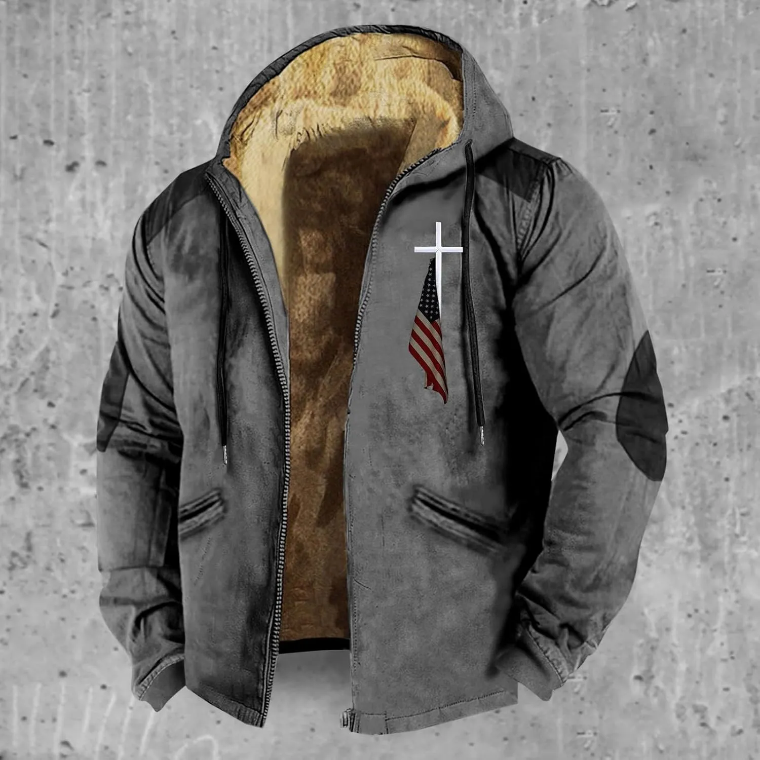 Hoodies for Men Fall Winter Jackets USA Flag Graphic Printed Big&Tall Plus Size Loose Sweatshirts with Elbow Patch