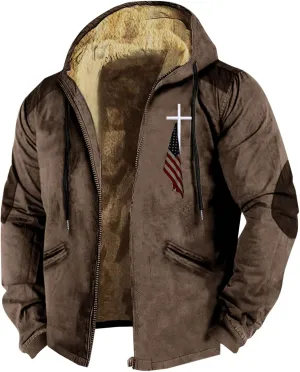 Hoodies for Men Fall Winter Jackets USA Flag Graphic Printed Big&Tall Plus Size Loose Sweatshirts with Elbow Patch