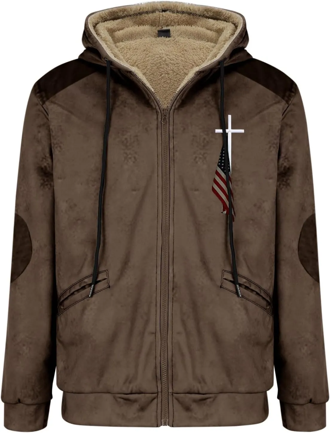 Hoodies for Men Fall Winter Jackets USA Flag Graphic Printed Big&Tall Plus Size Loose Sweatshirts with Elbow Patch