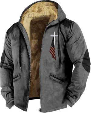 Hoodies for Men Fall Winter Jackets USA Flag Graphic Printed Big&Tall Plus Size Loose Sweatshirts with Elbow Patch