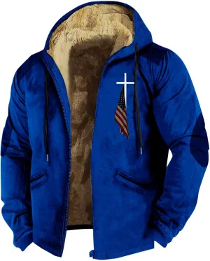 Hoodies for Men Fall Winter Jackets USA Flag Graphic Printed Big&Tall Plus Size Loose Sweatshirts with Elbow Patch