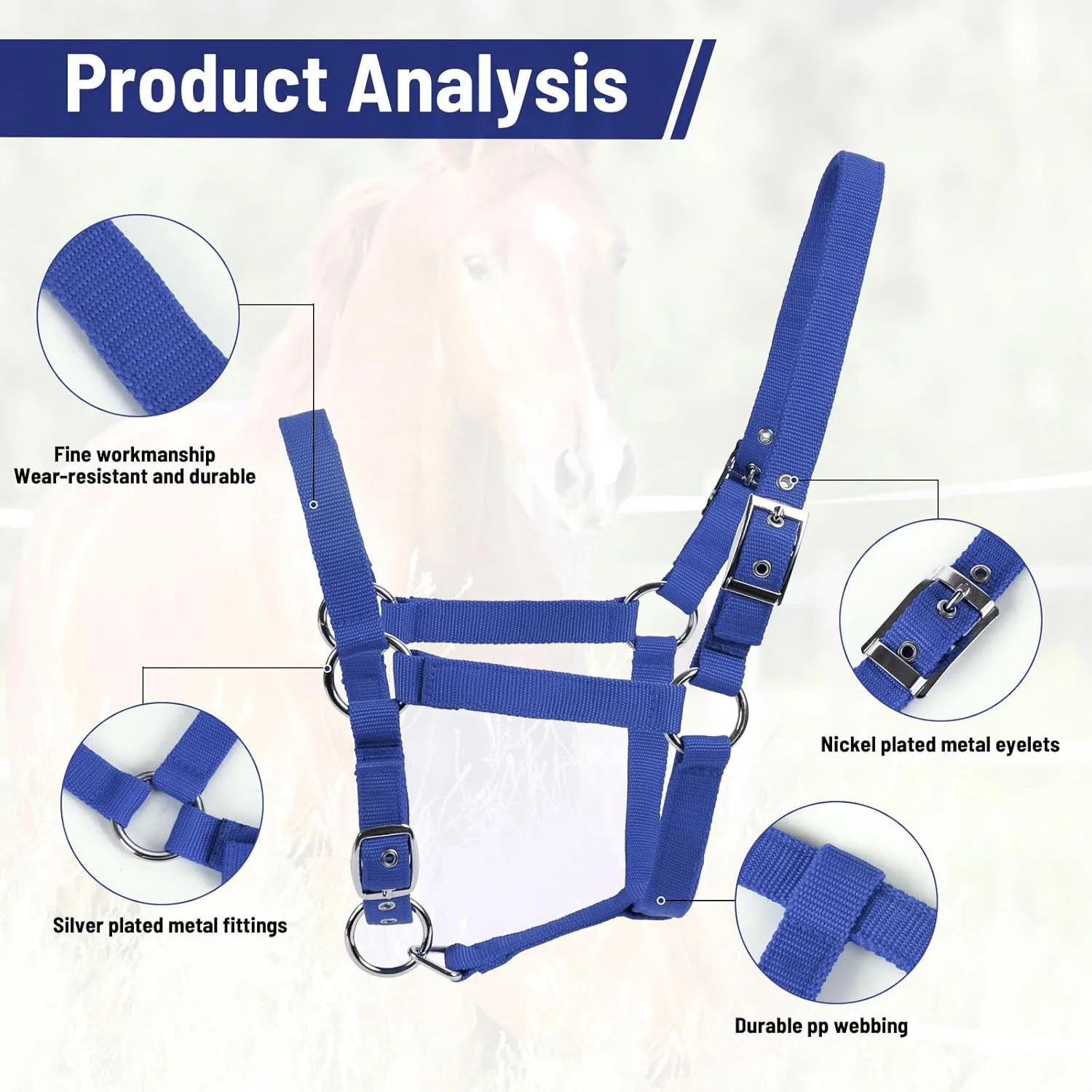 Horse Halter, Adjustable Nylon Strap with Metal Hardware