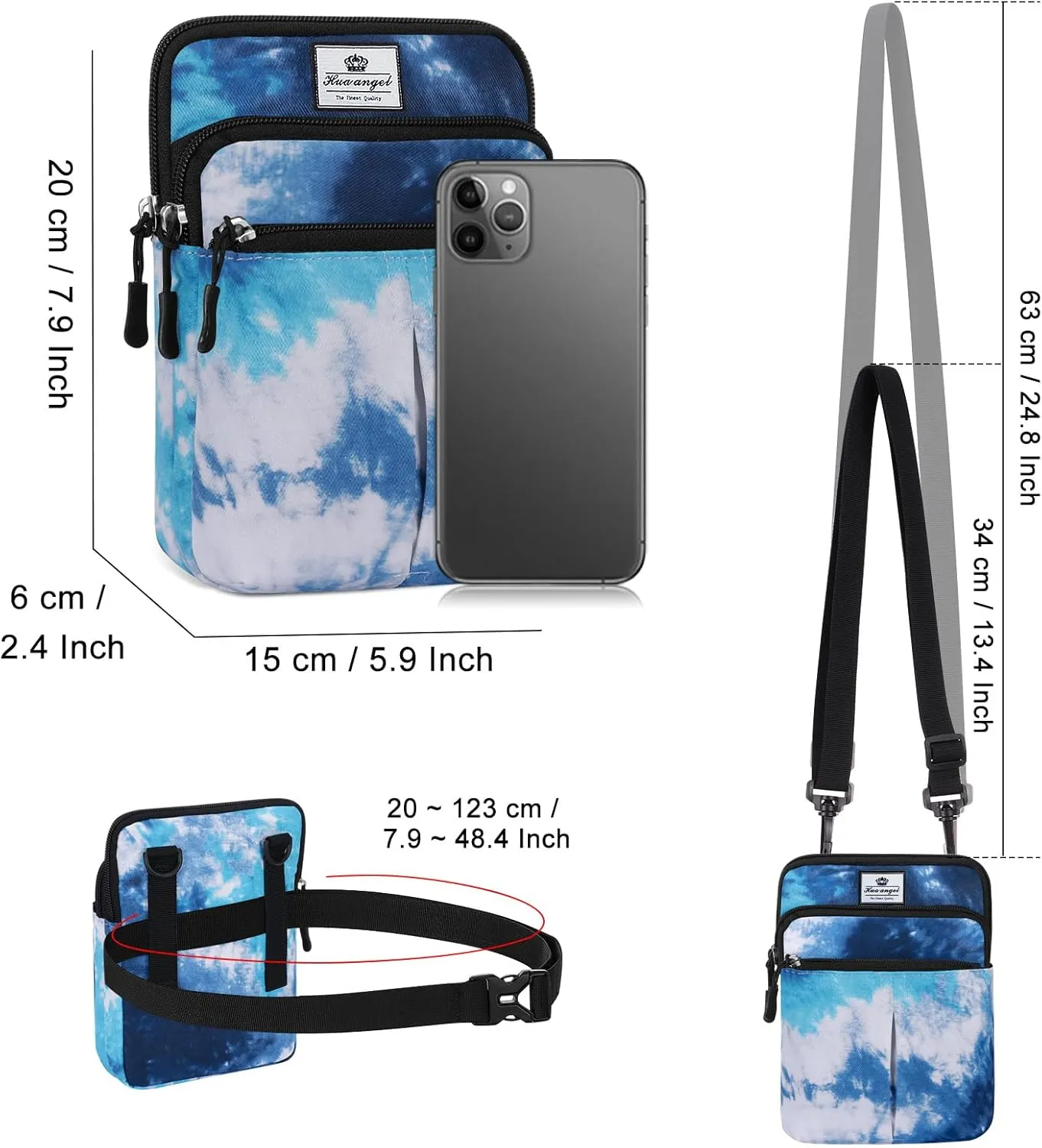 HUA ANGEL Multifunctional Fanny Pack for Men & Women - Lightweight Waterproof Waist Bag with 3 Zip Compartments, Adjustable Shoulder Strap, Perfect for Running, Walking, Sports & Travel