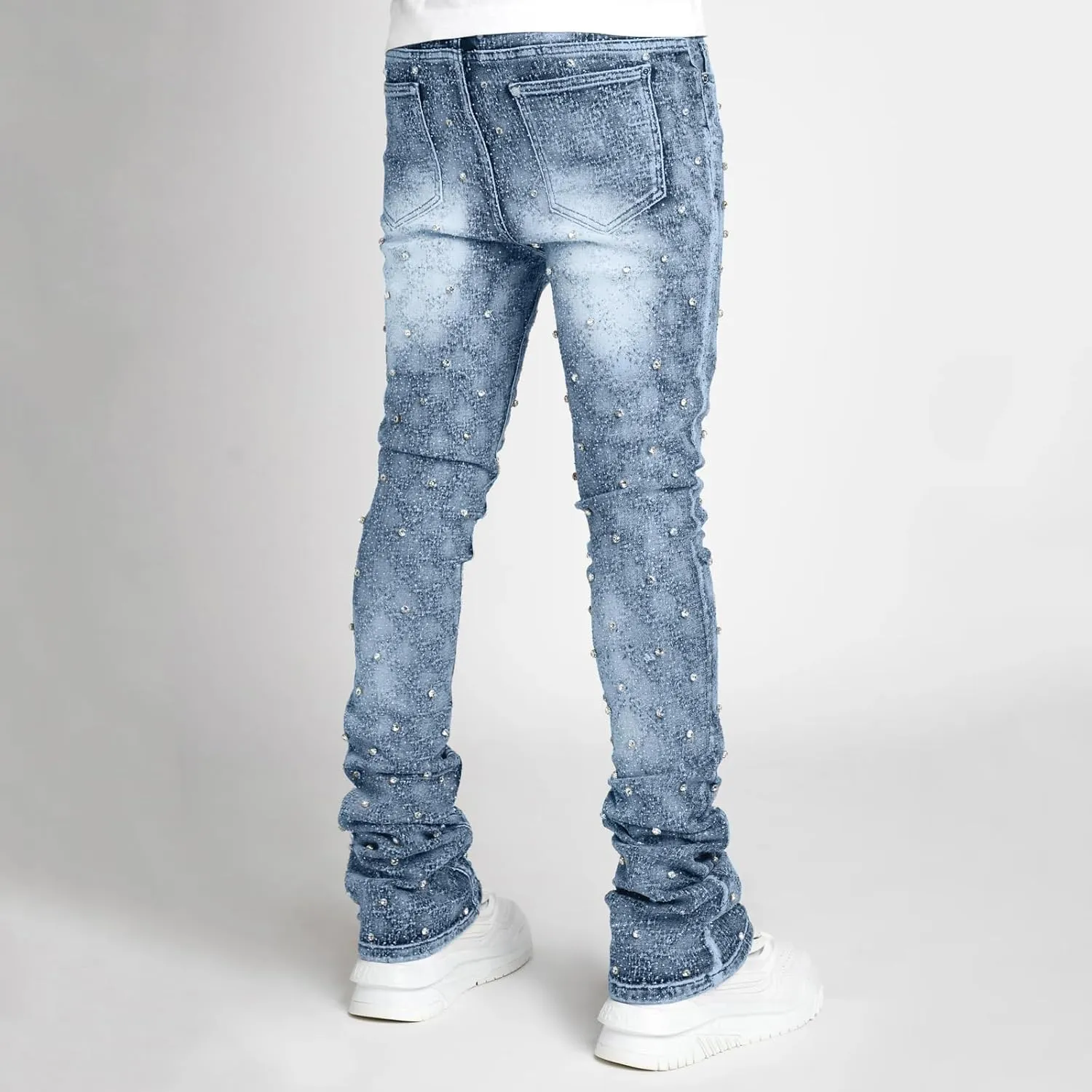 Hulpvktsgiq Jeans for Men Ripped Stretch Fit Skinny Stacked Rhinestone Jeans Slim Fit Denim Pants Fashion Trousers Streetwear