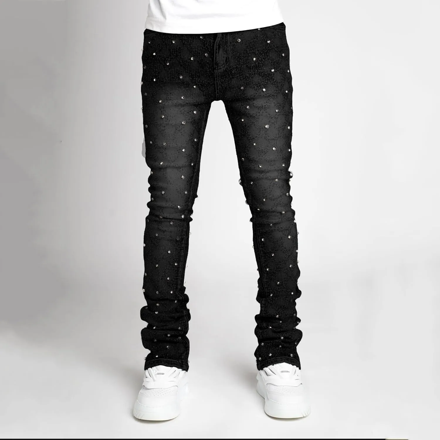 Hulpvktsgiq Jeans for Men Ripped Stretch Fit Skinny Stacked Rhinestone Jeans Slim Fit Denim Pants Fashion Trousers Streetwear