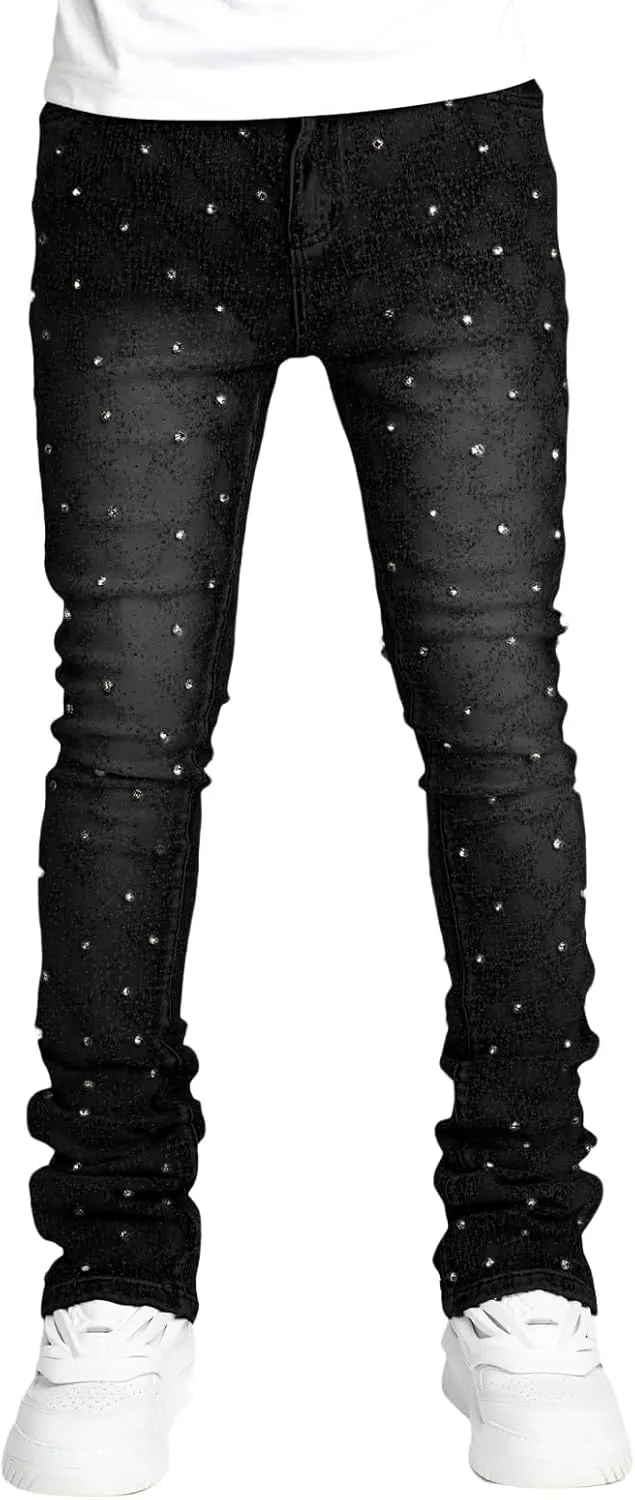 Hulpvktsgiq Jeans for Men Ripped Stretch Fit Skinny Stacked Rhinestone Jeans Slim Fit Denim Pants Fashion Trousers Streetwear